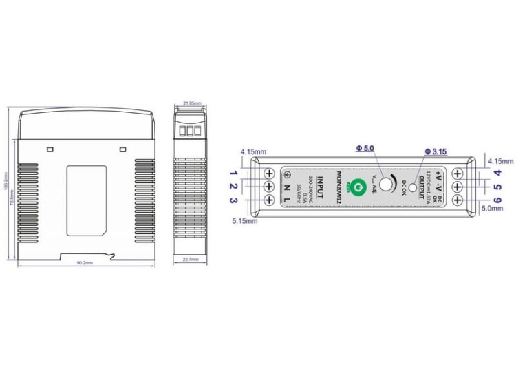 MDIN20W zasilacz stałonapięciowy na szynę TS35 20W 12V DC 1,67A
