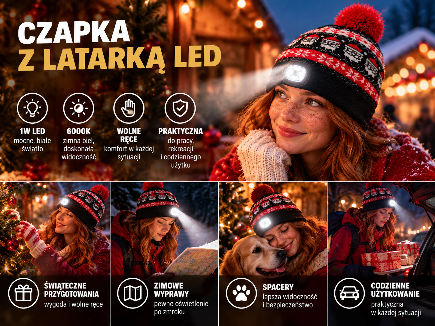 Czapka świąteczna Eco Light ze świecącą latarką LED