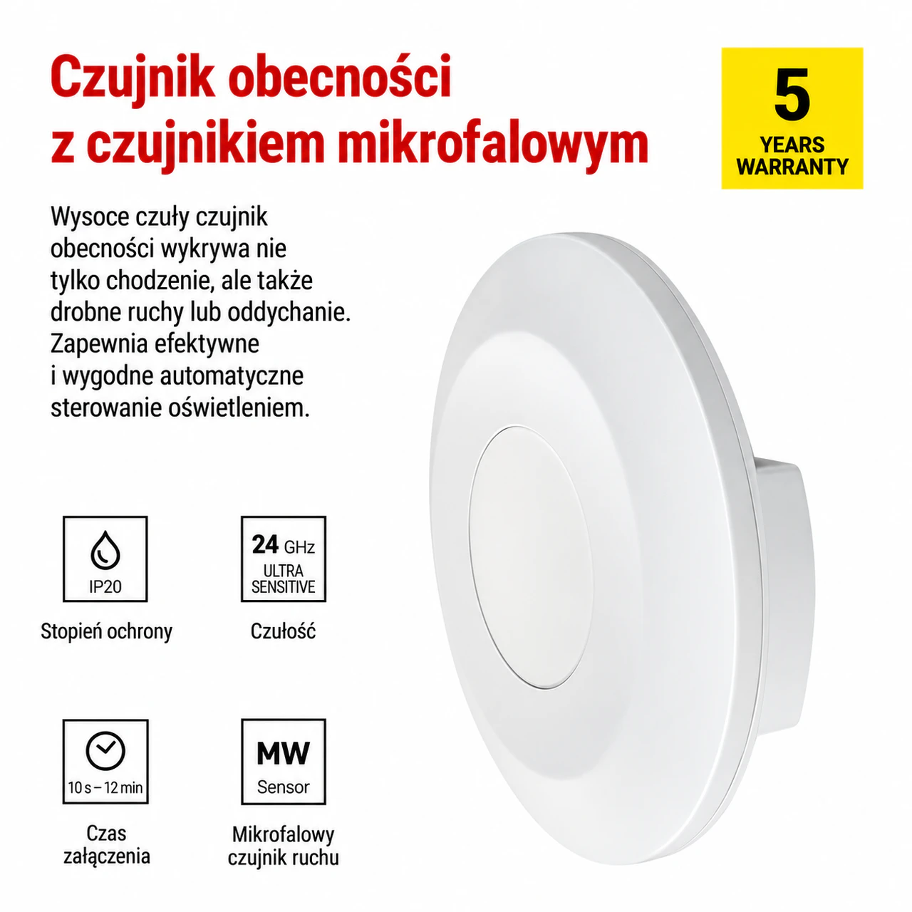 Mikrofalowy czujnik obecności 24 GHz 2000W biały natynkowy