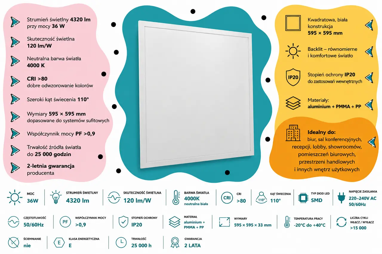 Panel LED V-TAC VT-60036 36W 4000K 4320 lm 60x60 120 lmW