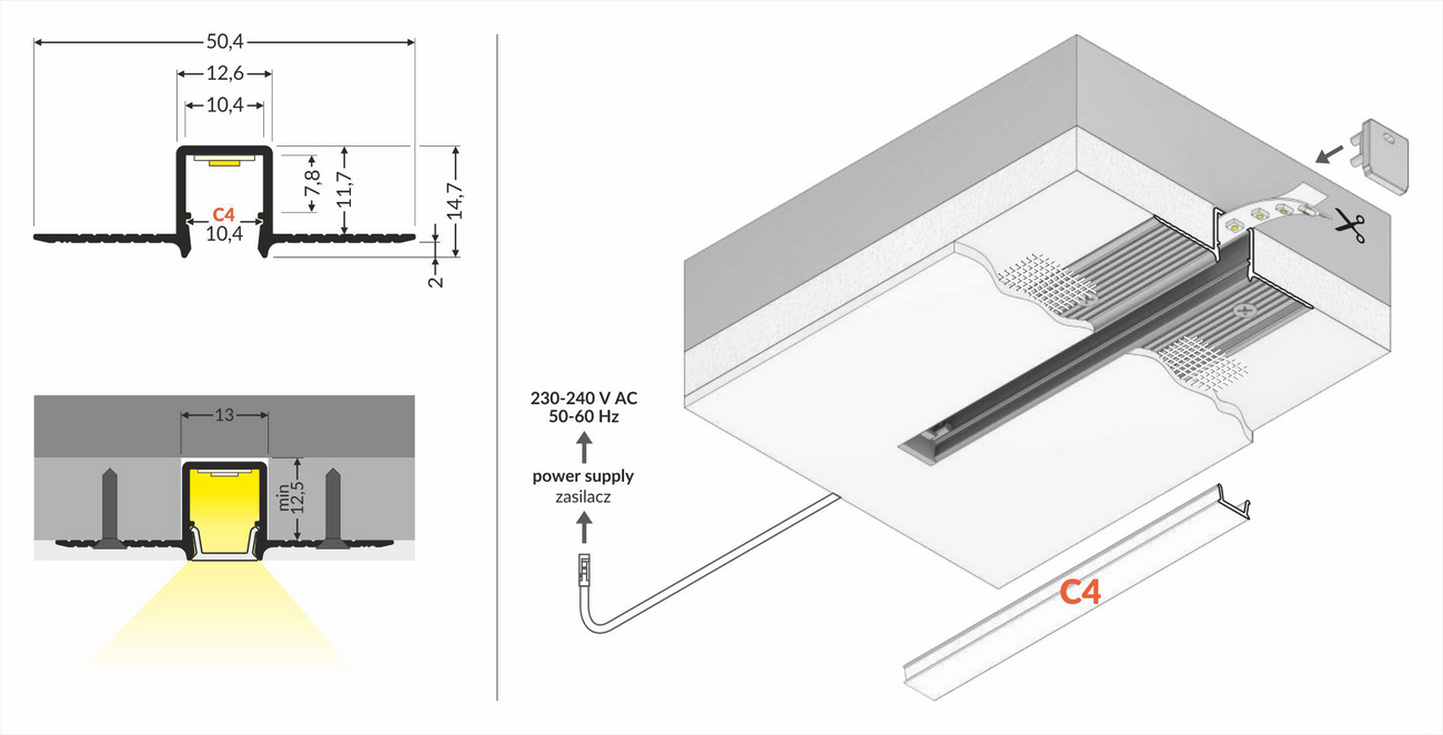 Profil LED wpustowy TOPMET HIDE10 C4