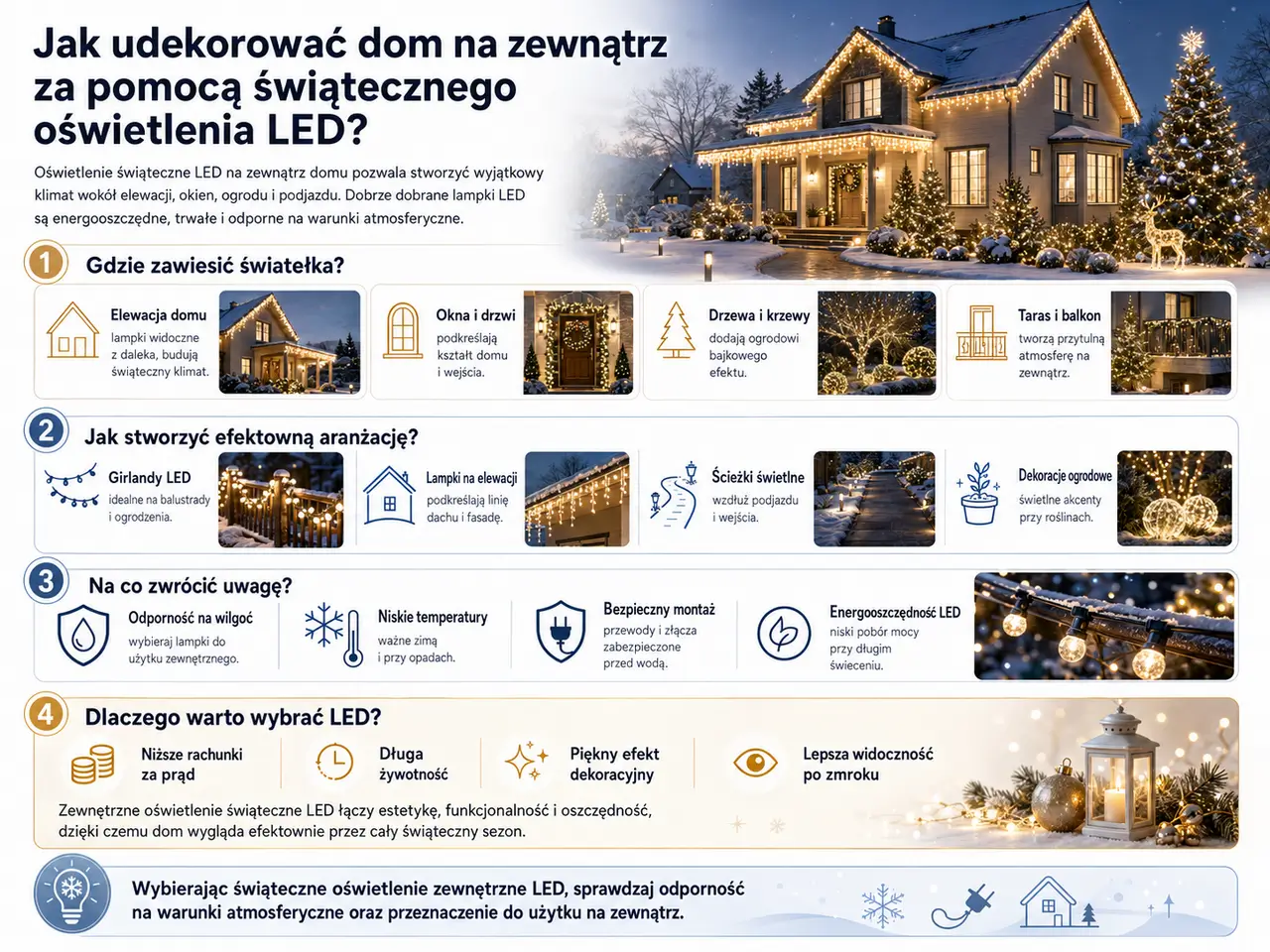 Jak udekorować dom na zewnątrz za pomocą świątecznego oświetlenia LED?
