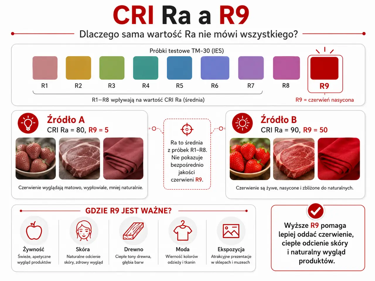 CRI Ra i R9 – różnice w odwzorowaniu czerwieni w źródłach LED