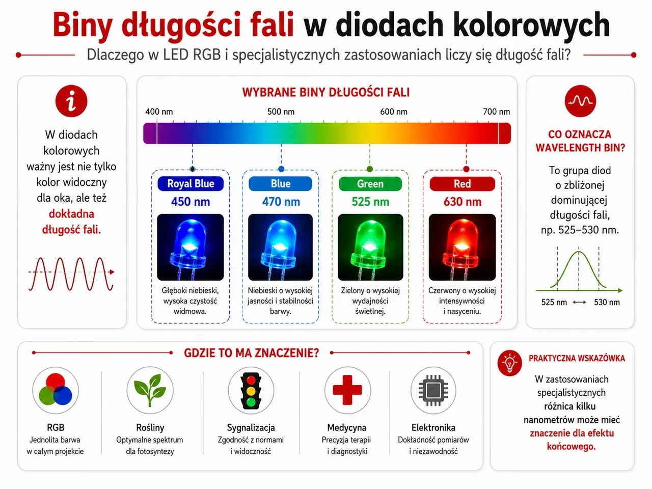Biny długości fali w diodach kolorowych LED RGB i specjalistycznych