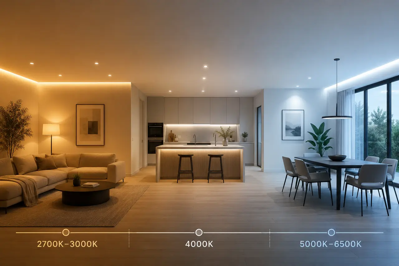 Porównanie temperatury barwowej CCT LED 2700K 4000K i 5000K-6500K we wnętrzu