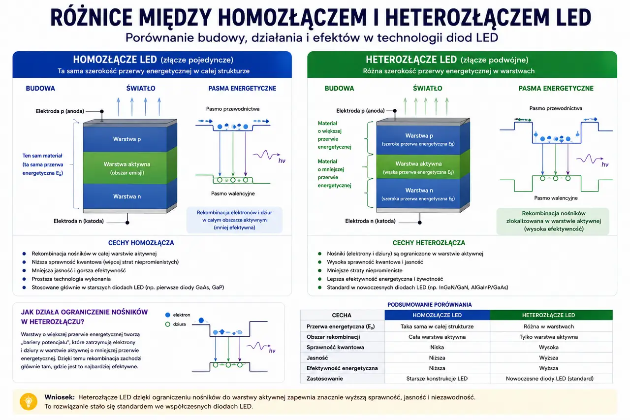 Porównanie homozłącza i heterozłącza LED – budowa, rekombinacja nośników i sprawność świetlna