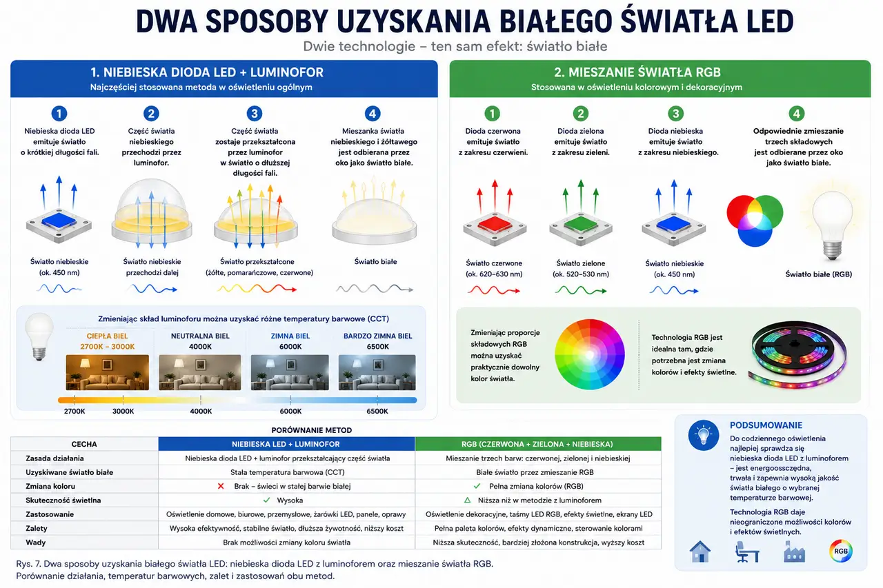 Dwa sposoby uzyskania białego światła LED – niebieska dioda z luminoforem oraz mieszanie światła RGB, RGBW i RGB+CCT