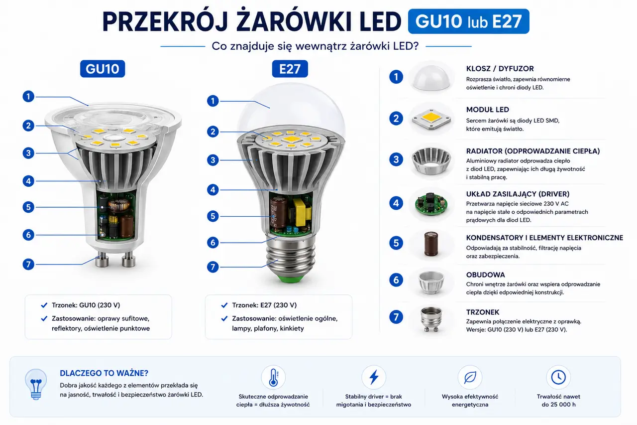 Budowa żarówki LED GU10 z modułem LED, radiatorem, układem zasilającym i trzonkiem
