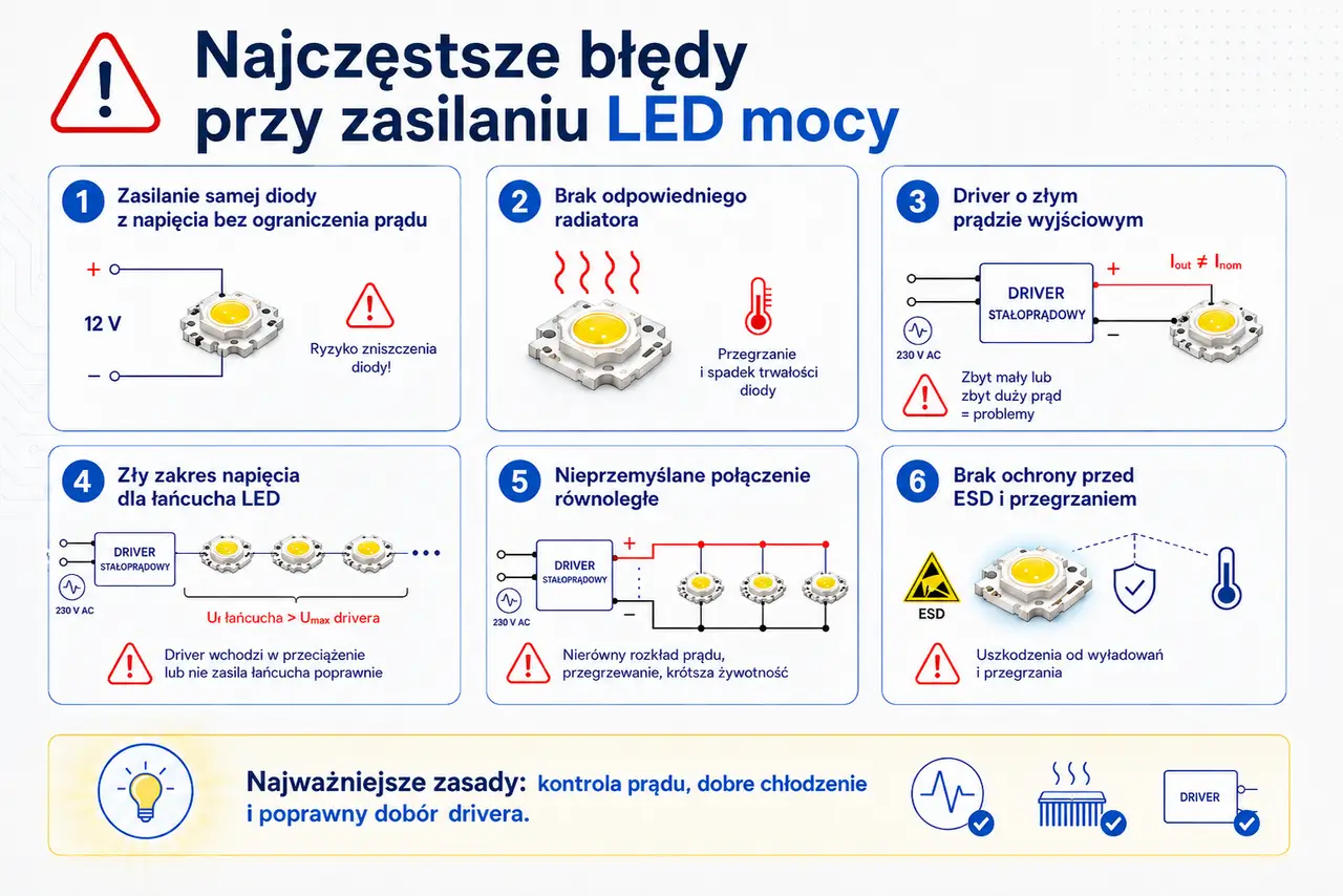 Najczęstsze błędy przy zasilaniu diod LED mocy