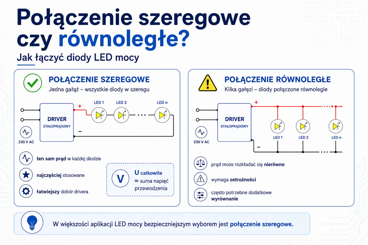 Połączenie szeregowe i równoległe diod LED mocy