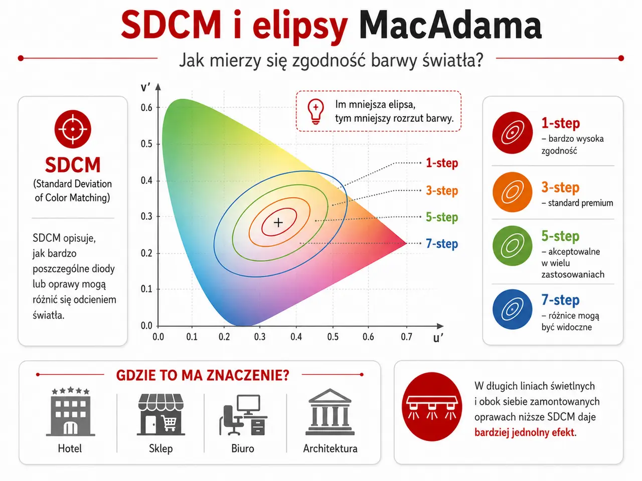 SDCM i elipsy MacAdama – zgodność barwy światła LED