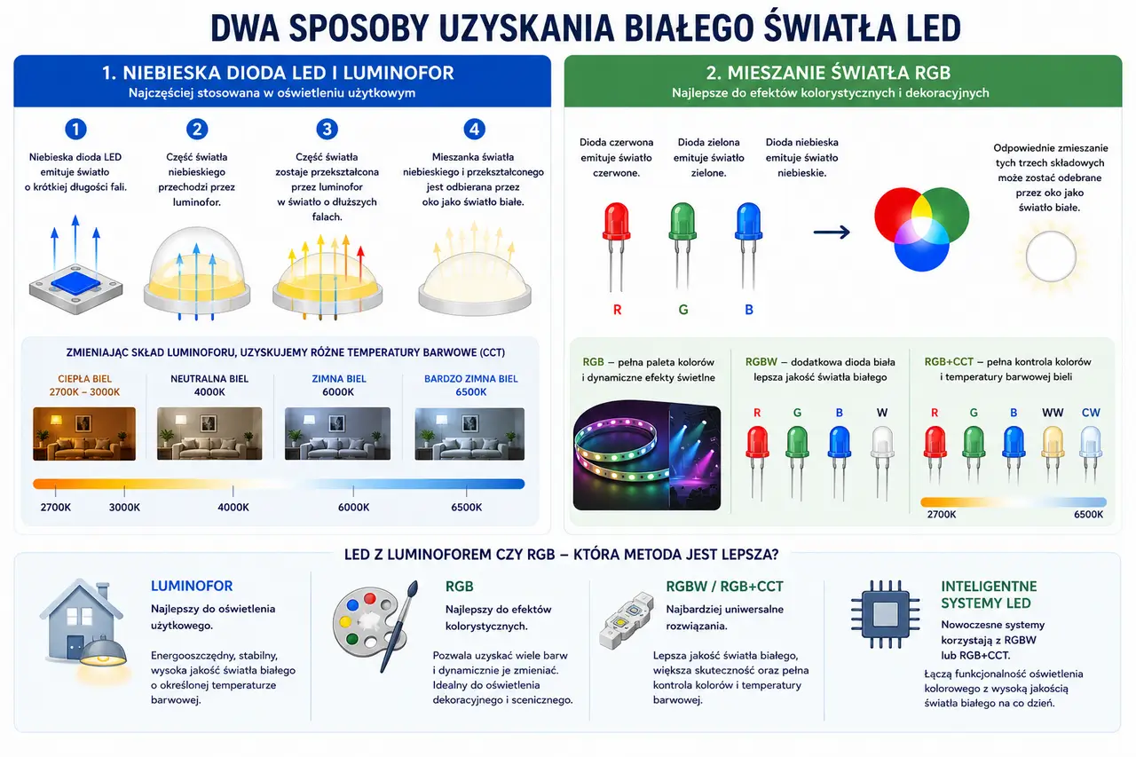 Dwa sposoby uzyskania białego światła LED – niebieska dioda z luminoforem oraz mieszanie światła RGB, RGBW i RGB+CCT