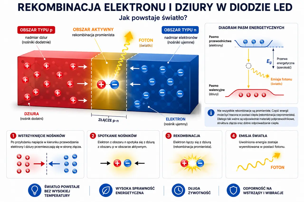 Rekombinacja elektronu i dziury w diodzie LED