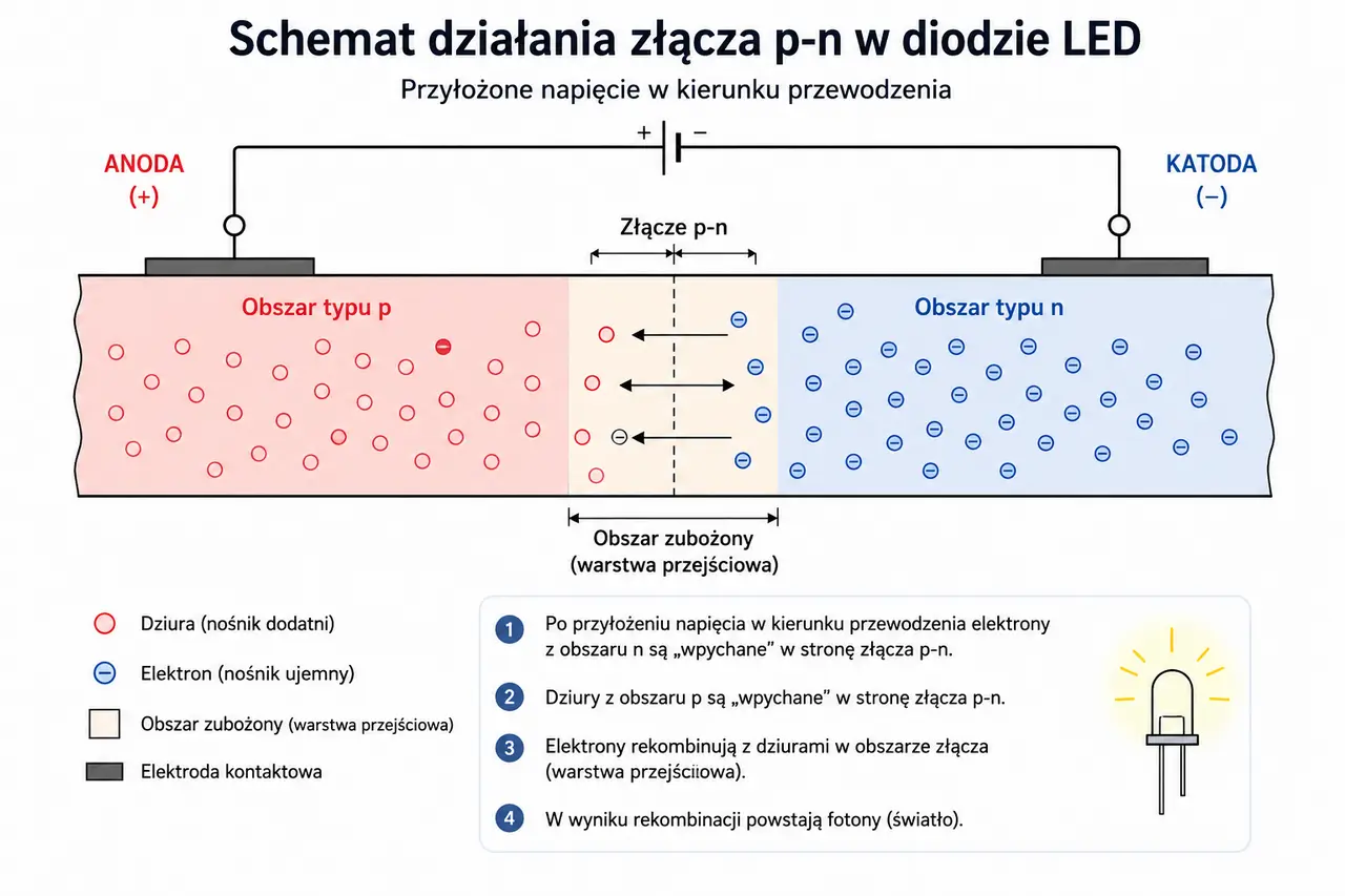 Schemat działania złącza p-n w diodzie LED