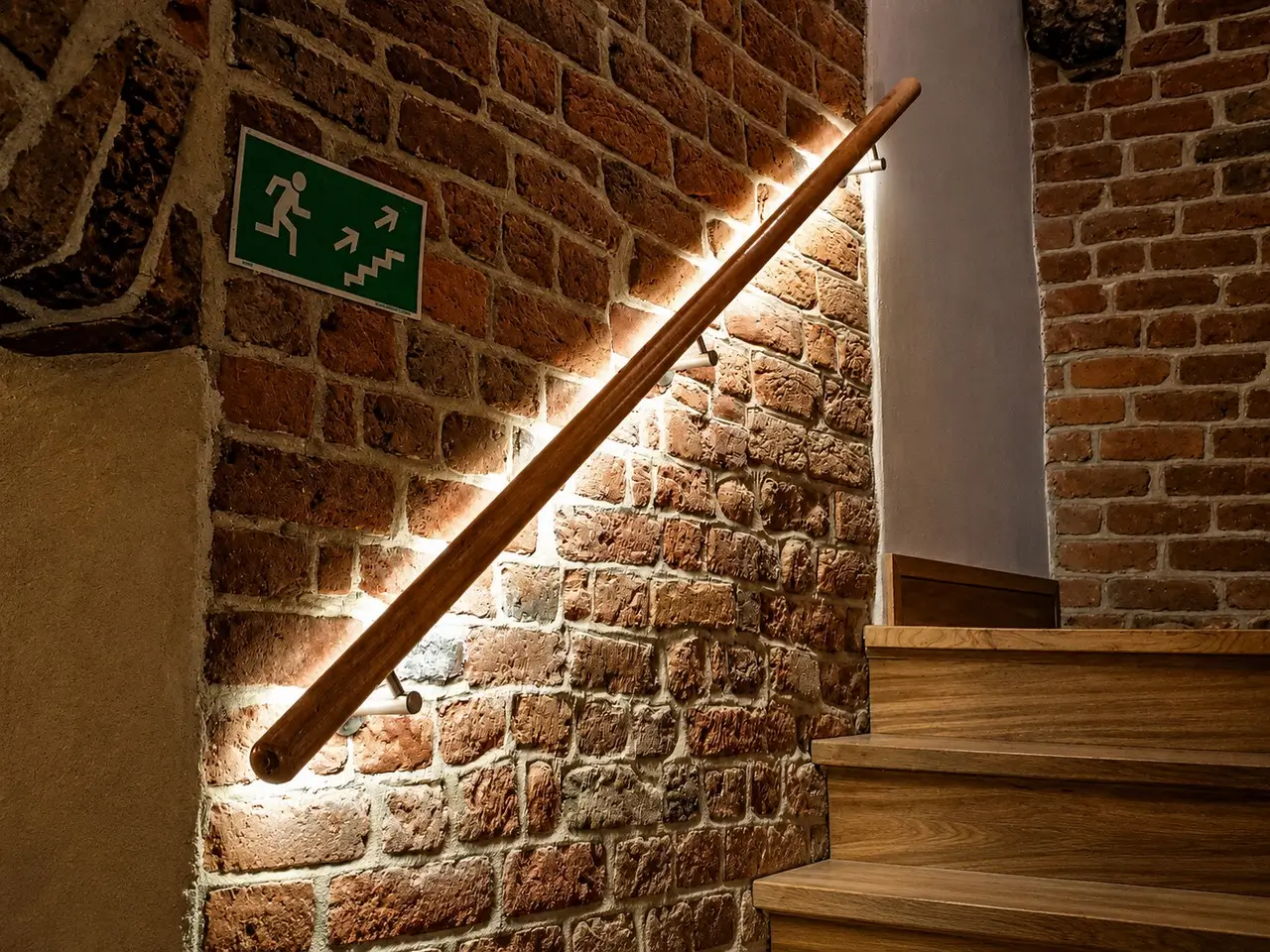 Poręcz z podświetleniem LED przy ceglanej ścianie