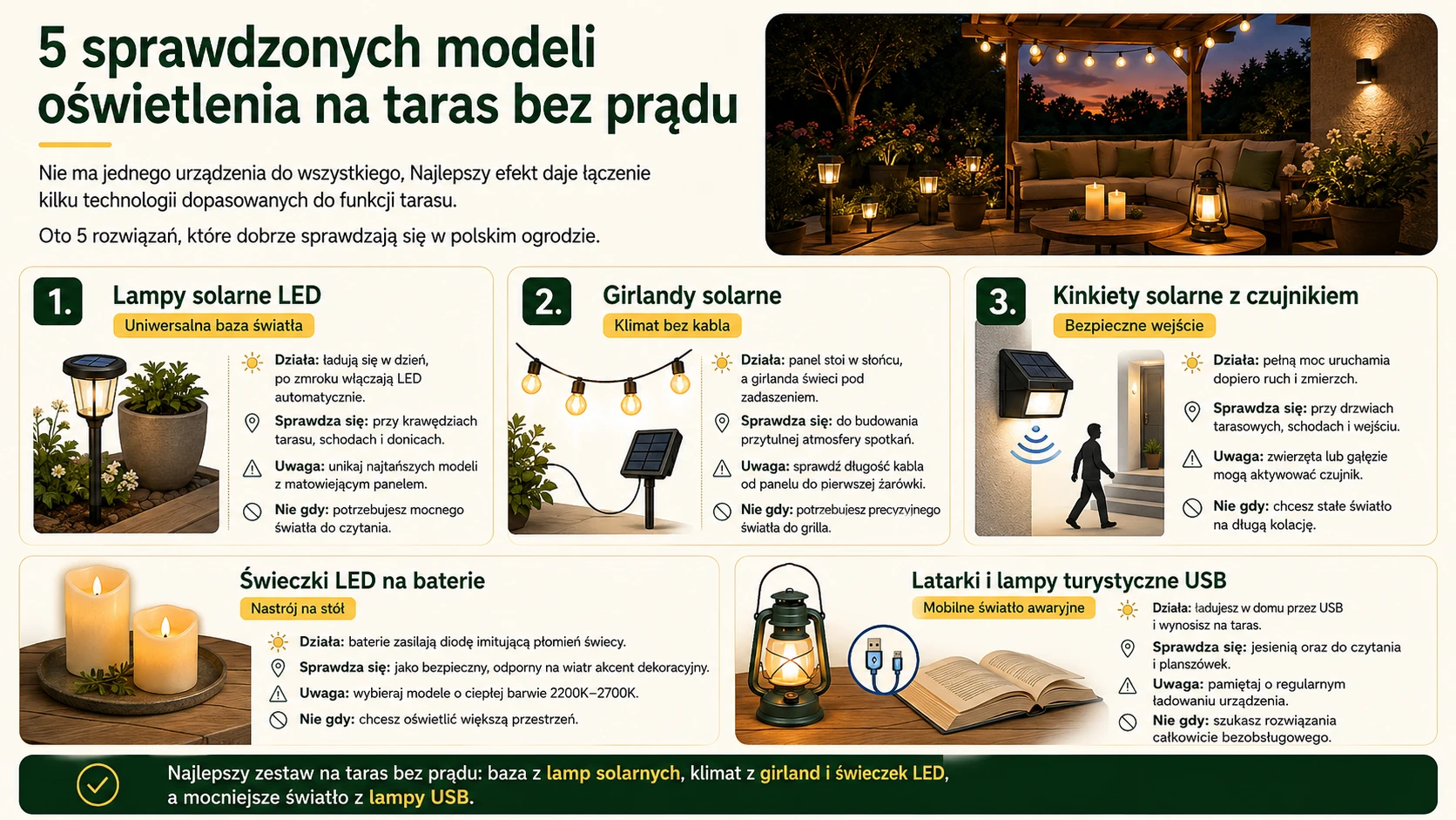 5 sprawdzonych modeli oświetlenia na taras bez prądu