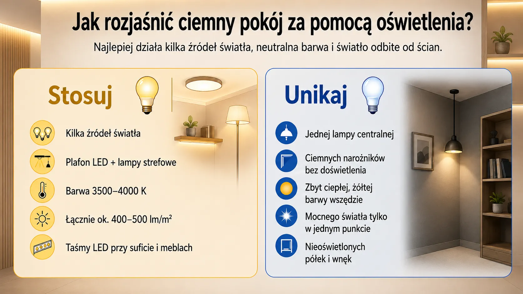 Jak rozjaśnić ciemny pokój za pomocą oświetlenia?