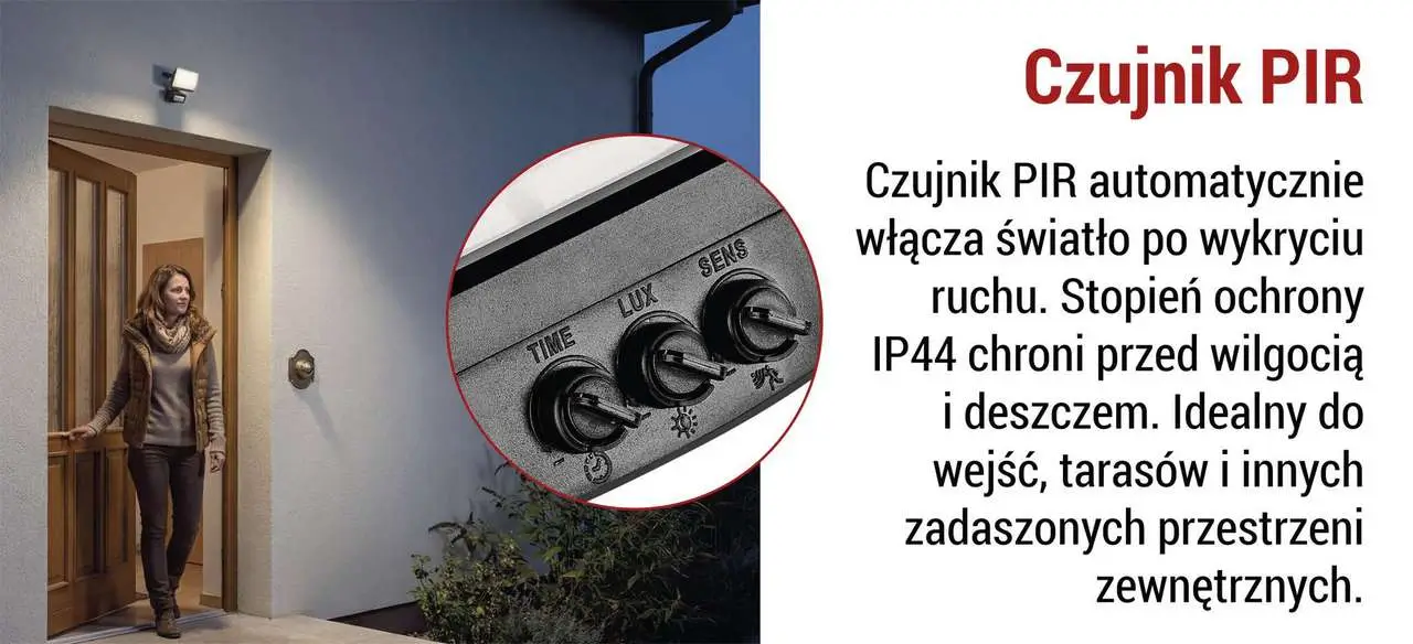 Wbudowany czujnik PIR umożliwia w pełni automatyczną pracę bez konieczności interwencji użytkownika.