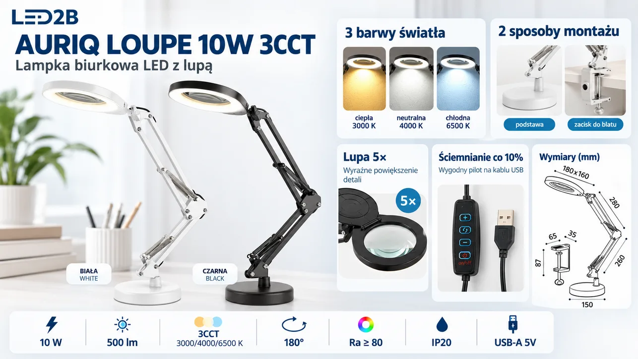 Lampka biurkowa LED AURIQ LOUPE 10W 3CCT czarna z lupą 5x