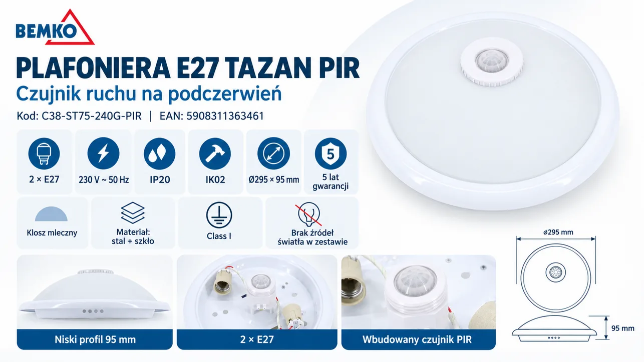 Plafoniera TAZAN ST75 2xE27 z czujnikiem ruchu PIR Ø295 mm