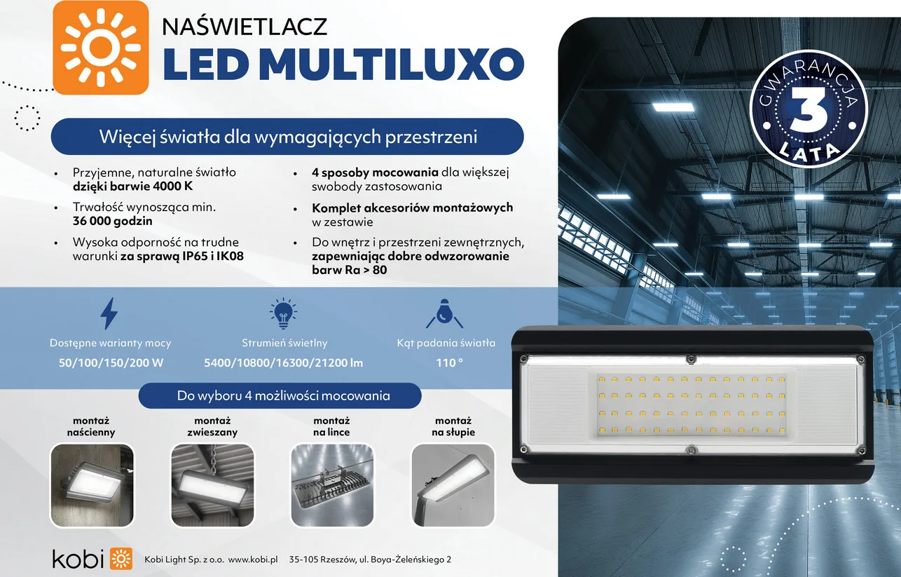 Oprawa LED MULTILUXO 100W 10800lm 4000K IP65 Kobi Premium