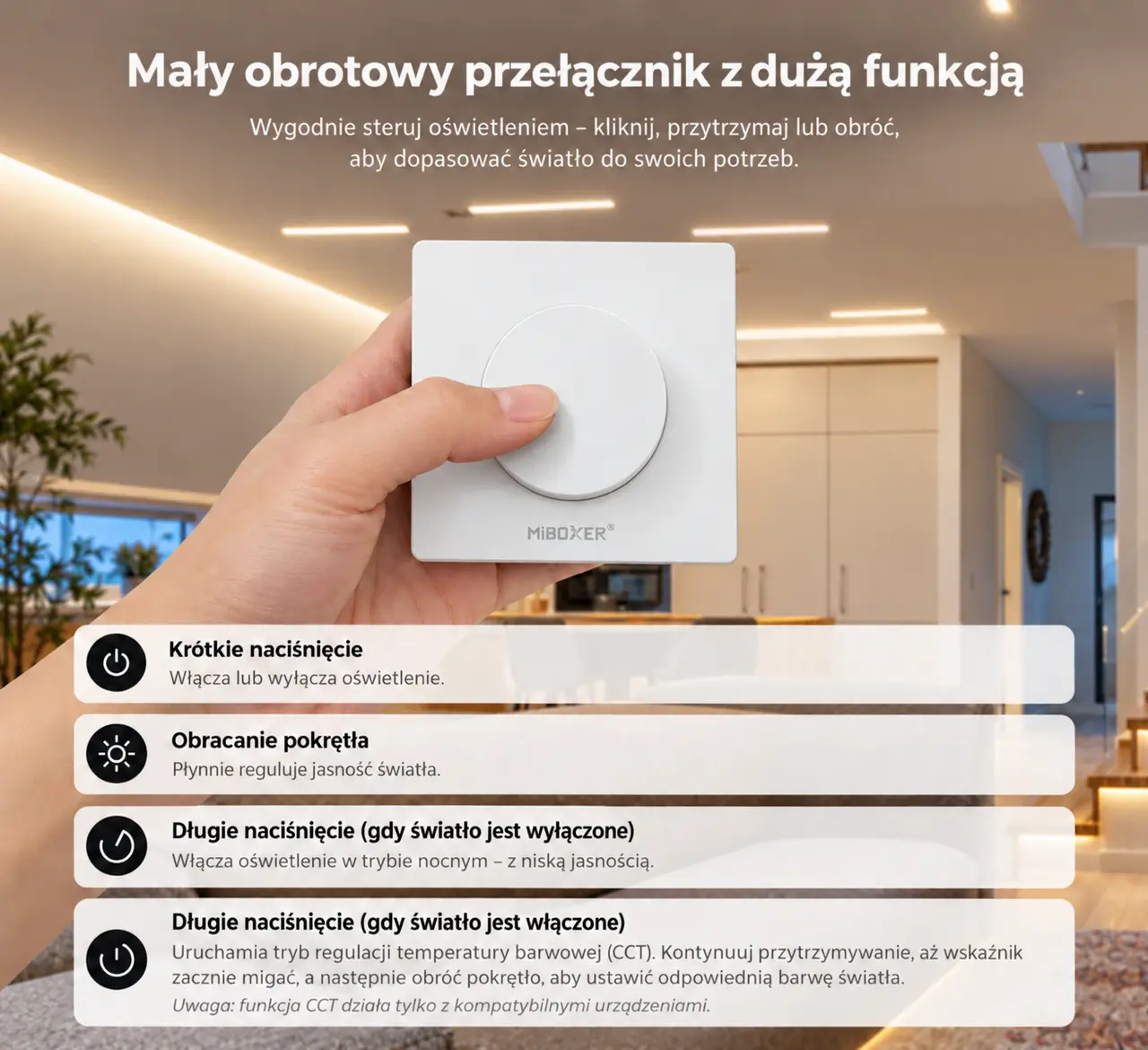 Sterowanie pokrętłem – jasność, CCT i ON/OFF