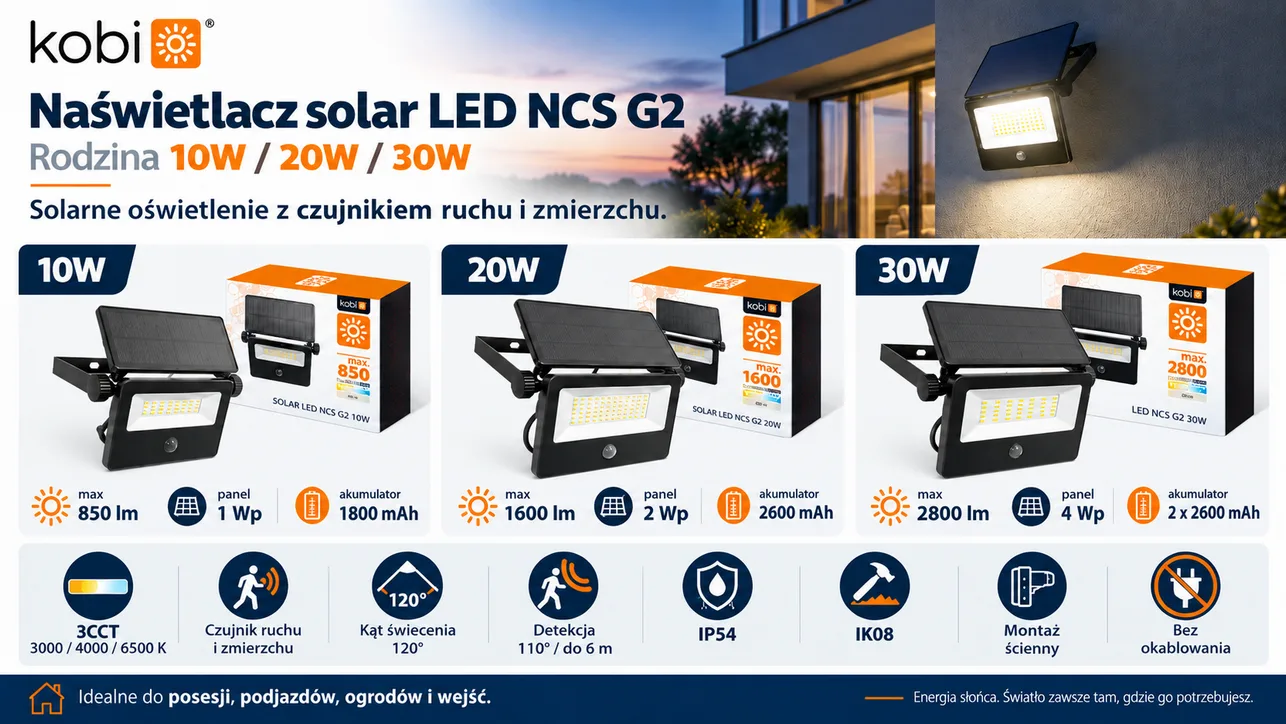 Naświetlacz solarny LED NCS G2 20W 1600lm 3CCT IP54 Kobi
