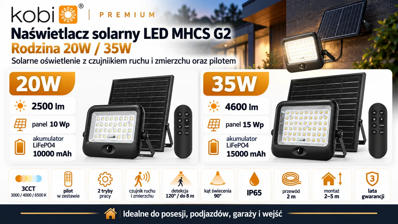 Naświetlacz solarny LED MHCS G2 20W 2500lm 3CCT IP65 z pilotem Kobi Premium