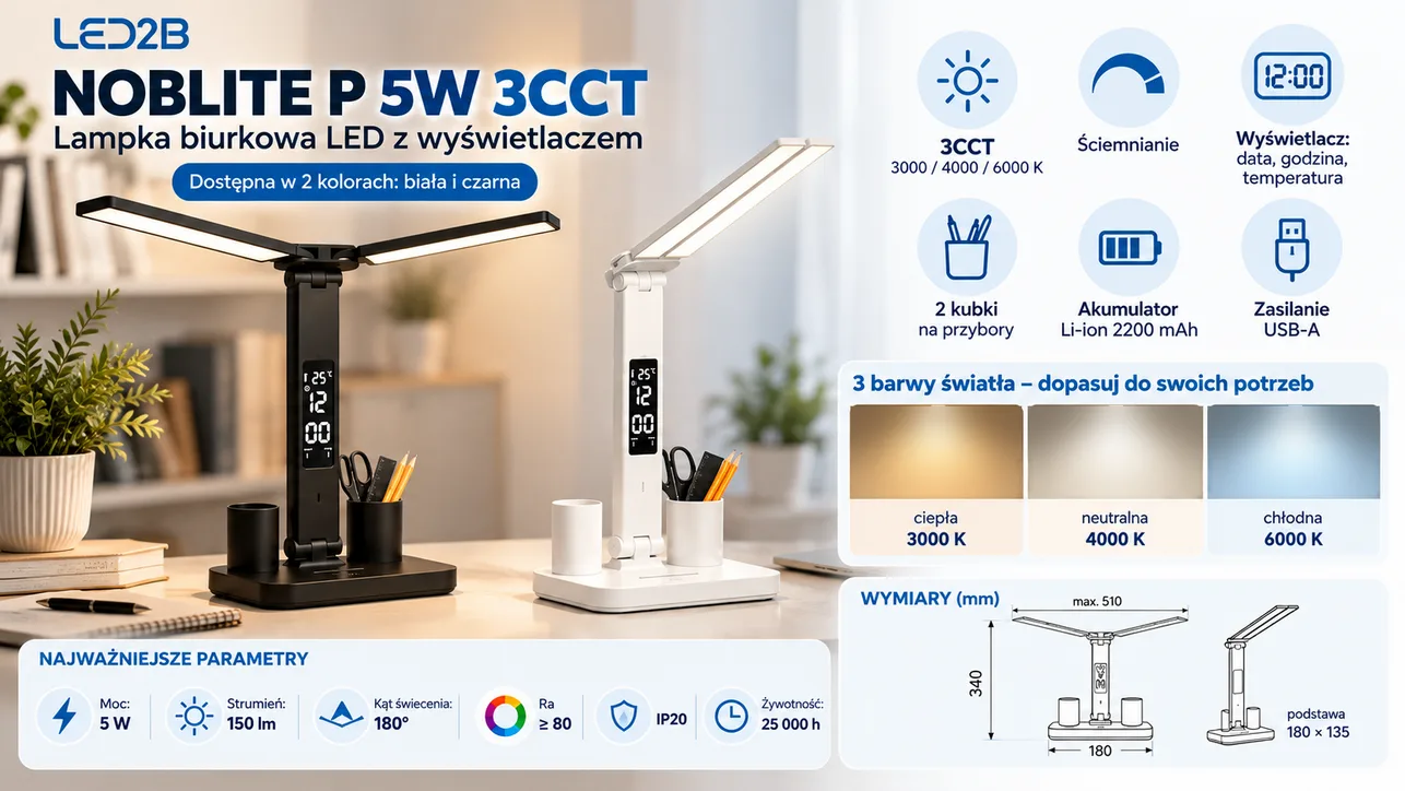 Lampka biurkowa LED NOBLITE P 5W 150lm 3CCT biała z akumulatorem