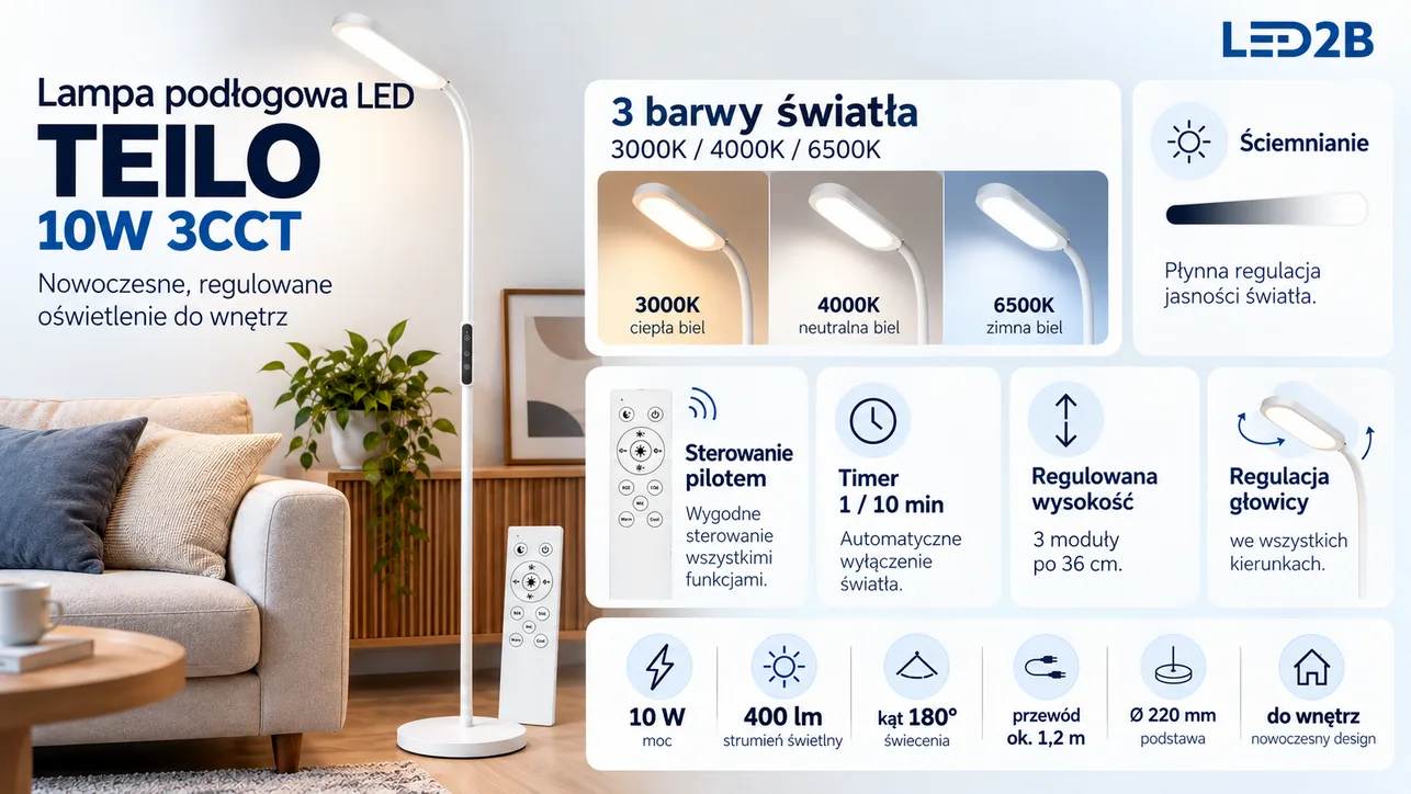 Lampa podłogowa LED TEILO 10W 400lm 3CCT biała z pilotem