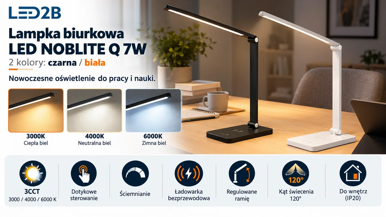 Lampka biurkowa LED NOBLITE Q 7W 3CCT czarna z ładowarką 5W LED2B