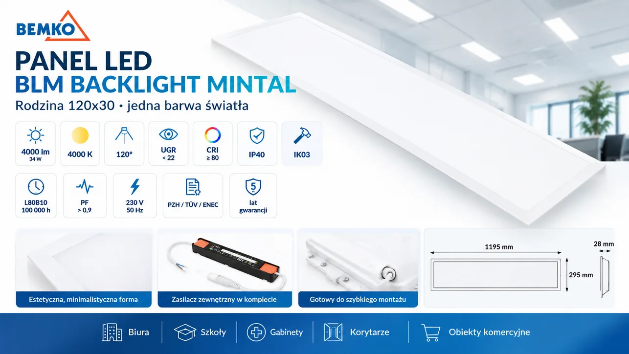 Panel BACKLIGHT MINTAL BLM 34W 4000K 4000lm IP40 120x30 biały PZH