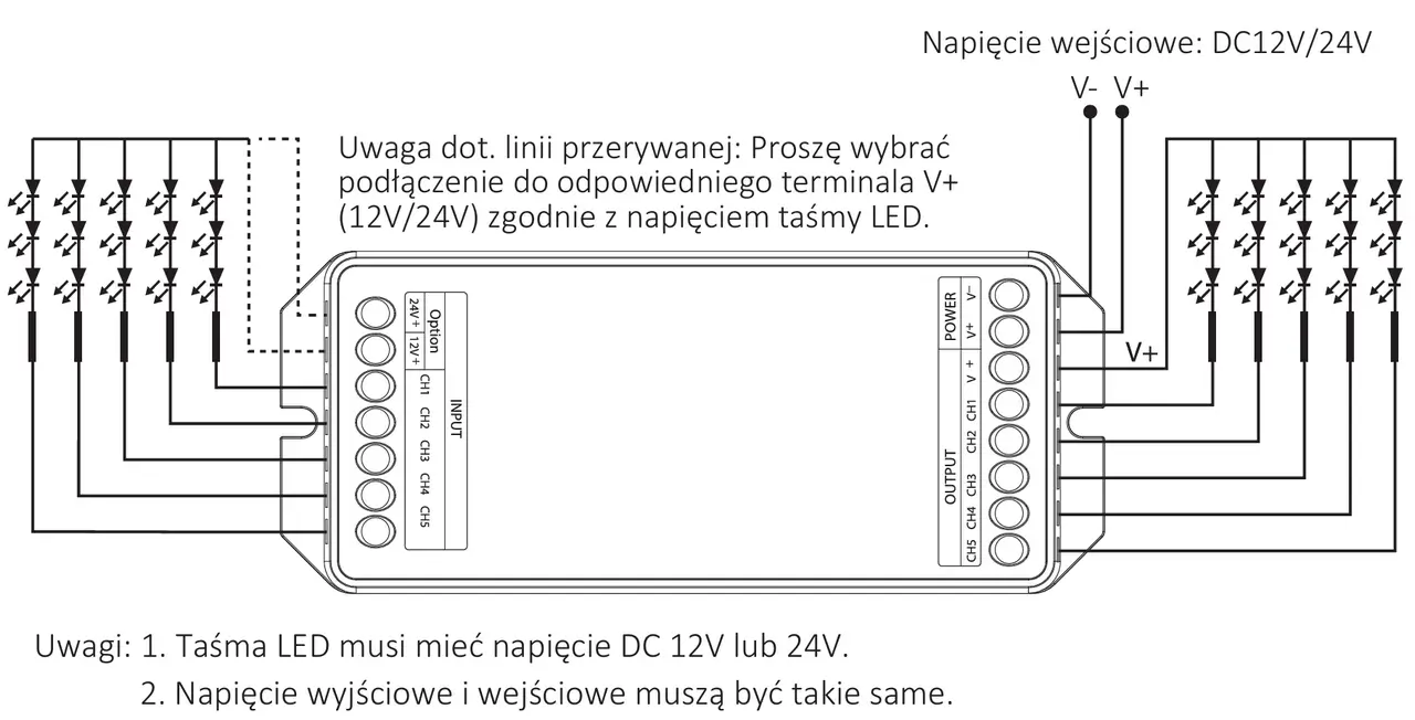 Schemat podłączenia wzmacniacza do LED