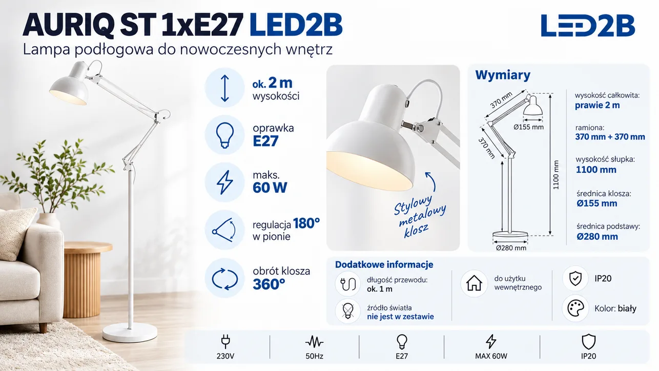 Lampa podłogowa LED2B AURIQ ST E27 biała regulowana