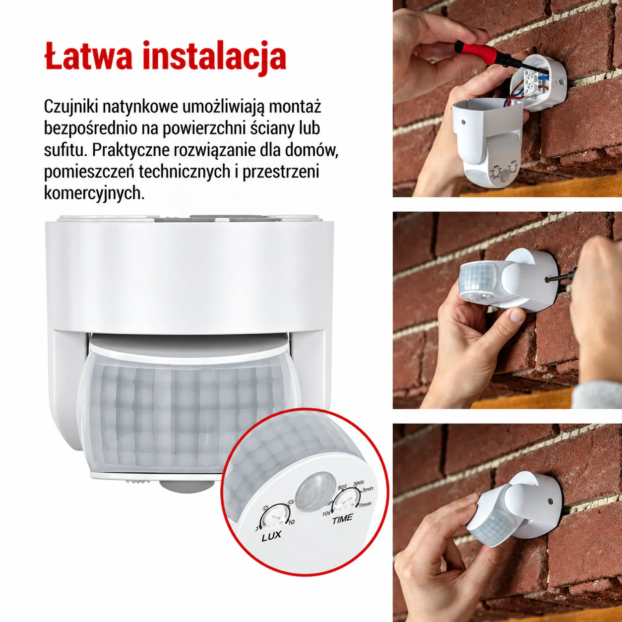 Łatwa instalacja czujnika ruchu biały