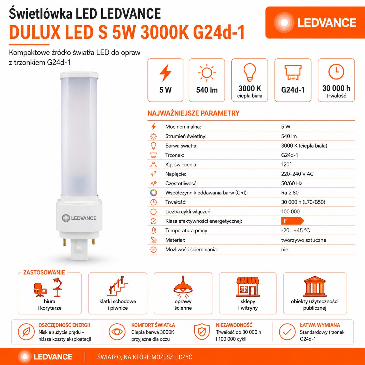 Świetlówka LED DULUX D10 5W=10W 2P G24d-1 3000K 540lm biała ciepła EM/230V