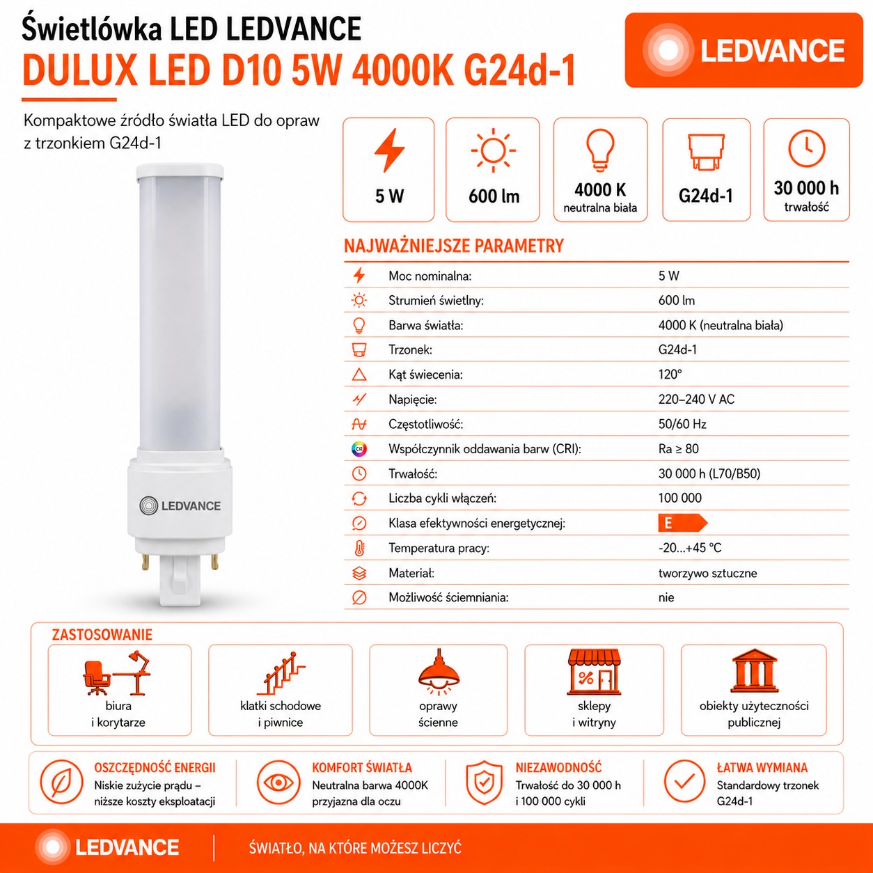 Świetlówka LED DULUX D10 5W=10W 2P G24d-1 4000K 600lm biała neutralna EM/230V