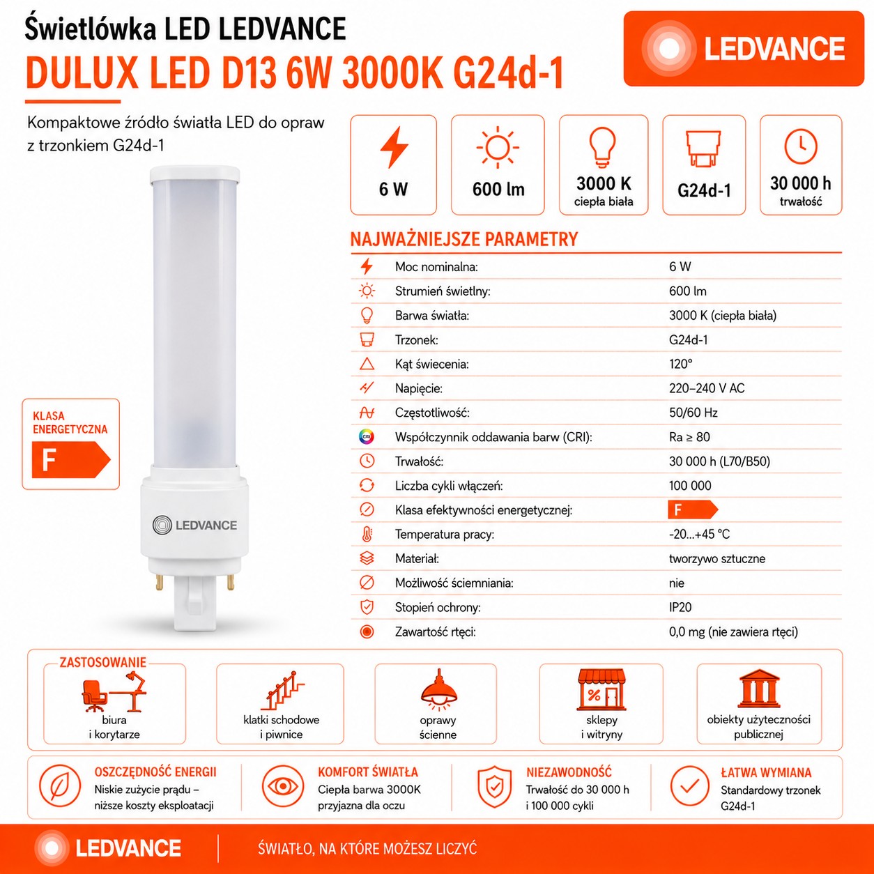 Świetlówka LED DULUX D13 6W=13W 2P G24d-1 3000K 600lm biała ciepła EM/230V