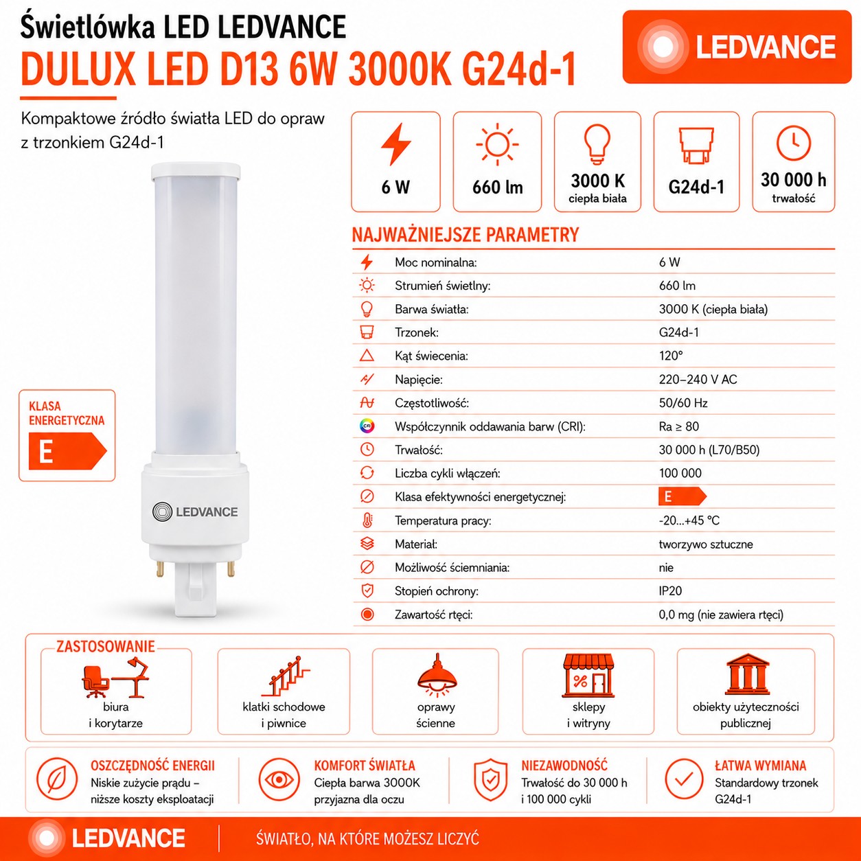 Świetlówka LED DULUX D13 6W=13W 2P G24d-1 4000K 660lm biała neutralna EM/230V