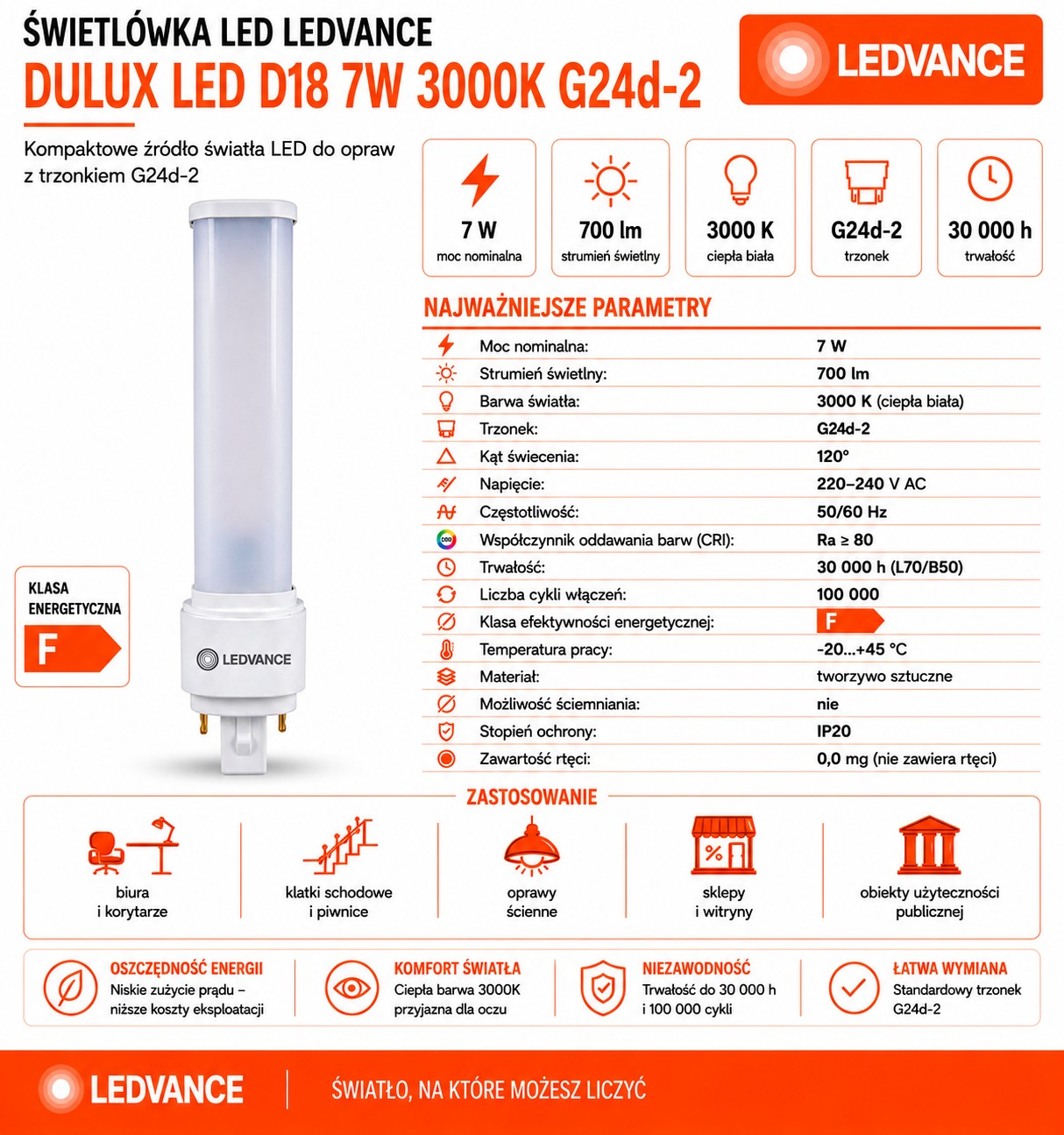 Świetlówka LED DULUX D18 7W=18W 2P G24d-2 3000K 700lm biała ciepła EM230V