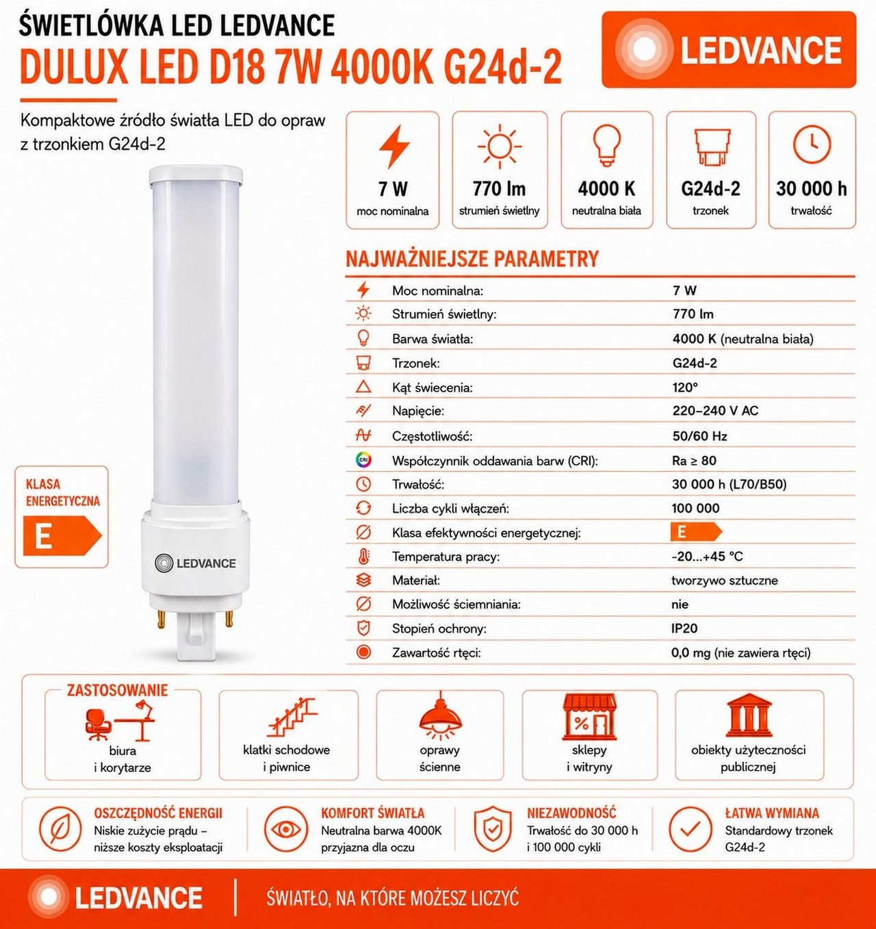Świetlówka LED DULUX D18 7W=18W 2P G24d-2 4000K 770lm biała neutralna EM 230V