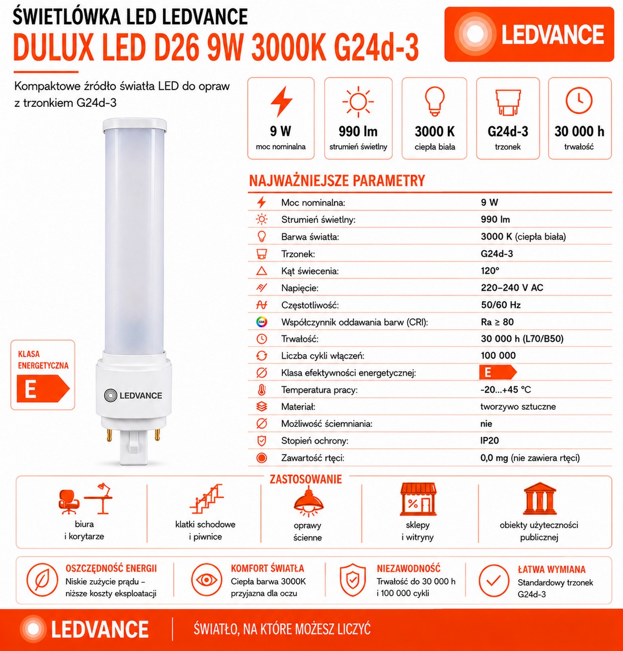Świetlówka LED DULUX D26 9W=26W 2P G24d-3 3000K 990lm biała ciepła EM 230V