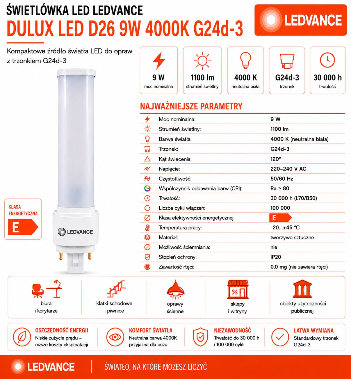 Świetlówka LED DULUX D26 9W=26W 2P G24d-3 4000K 1100lm biała neutralna EM 230V