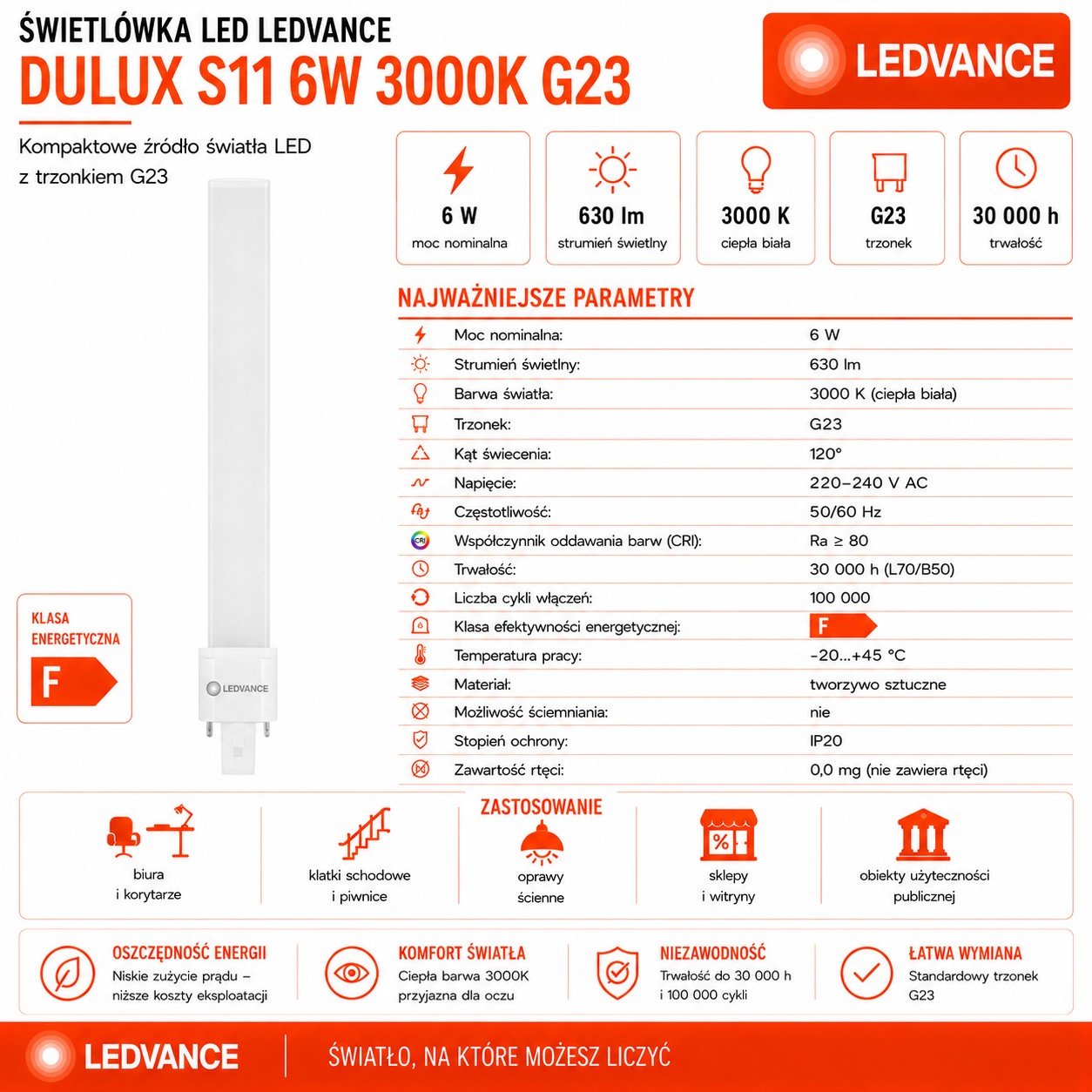 Świetlówka LED DULUX S11 6W=11W 2P G23 3000K 630lm biała ciepła EM 230V