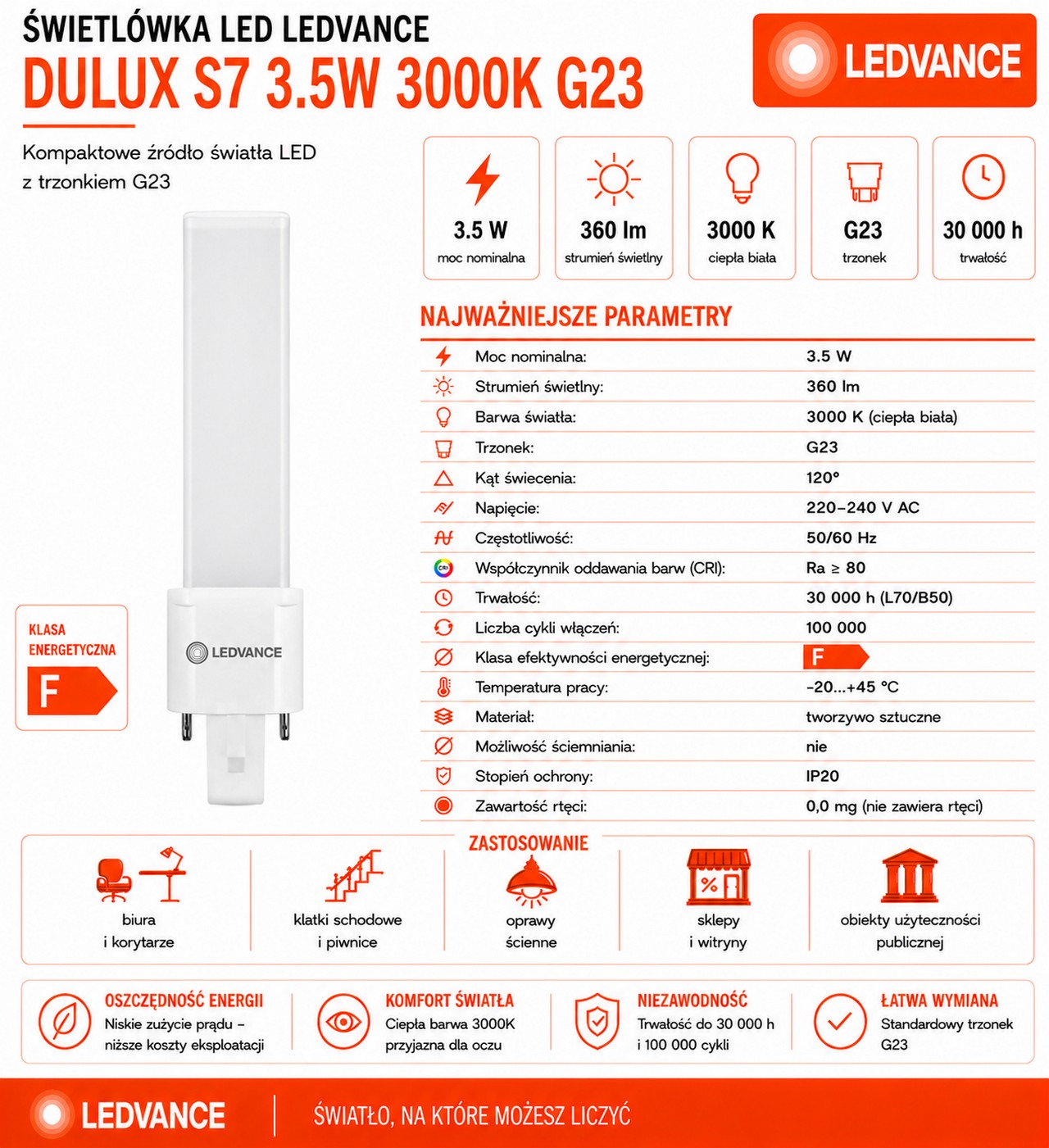 Świetlówka LED DULUX S7 3.5W=7W 2P G23 3000K 360lm biała ciepła EM 230V