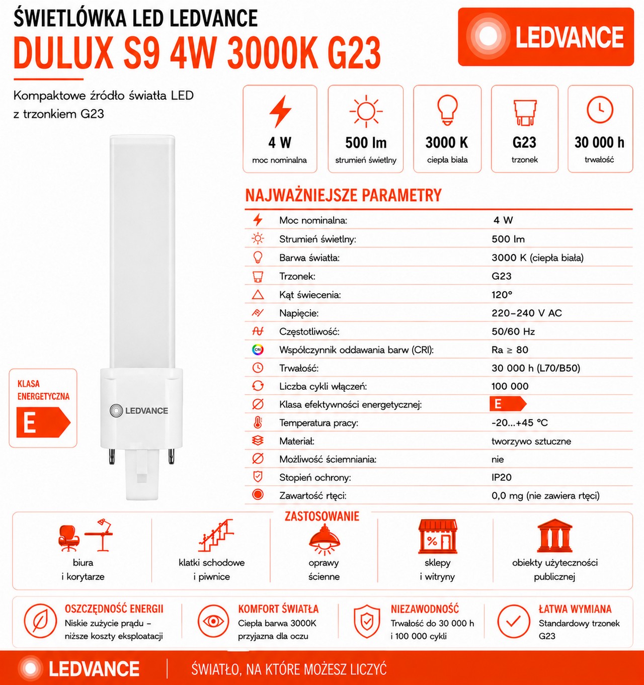 Świetlówka LED DULUX S9 4W=9W 2P G23 3000K 500lm biała ciepła EM 230V