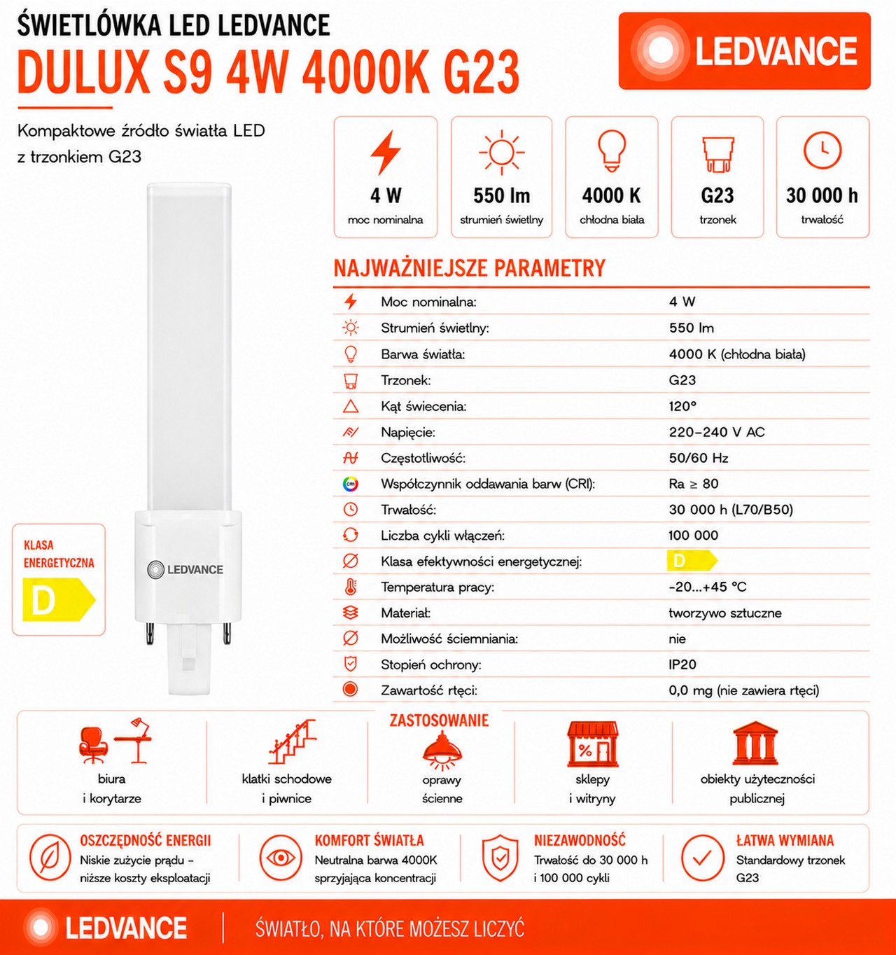 Świetlówka LED DULUX S9 4W=9W 2P G23 4000K 550lm biała neutralna EM 230V