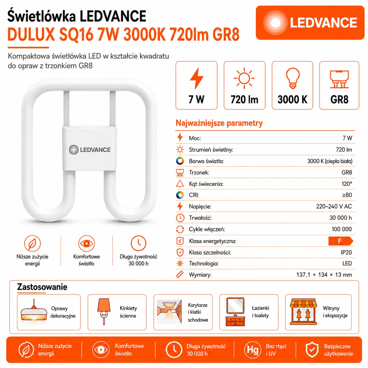 Świetlówka LED DULUX SQ16 7W=16W GR8 3000K 720lm EM230V 