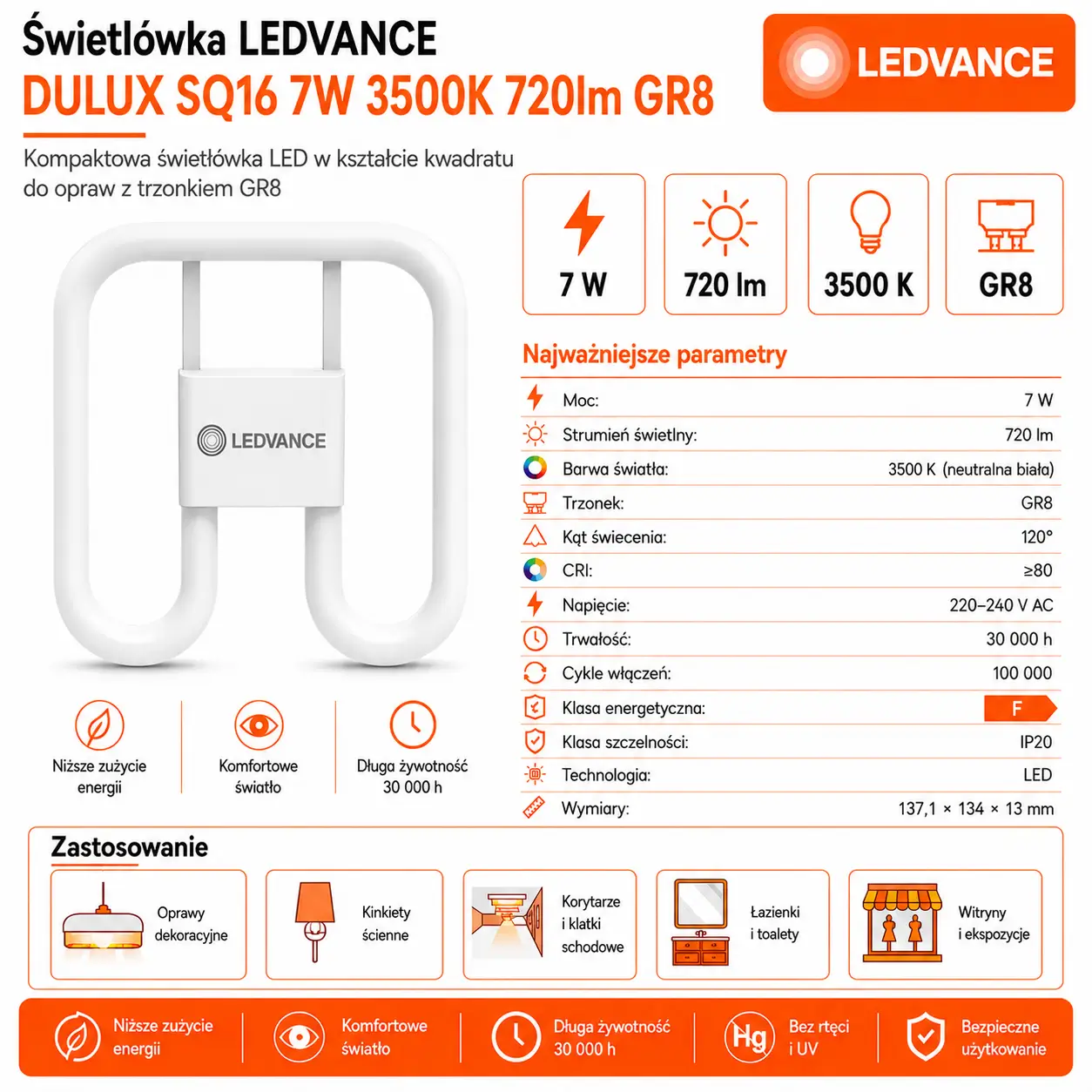 Świetlówka LED DULUX SQ16 7W=16W GR8 3500K 720lm EM230V