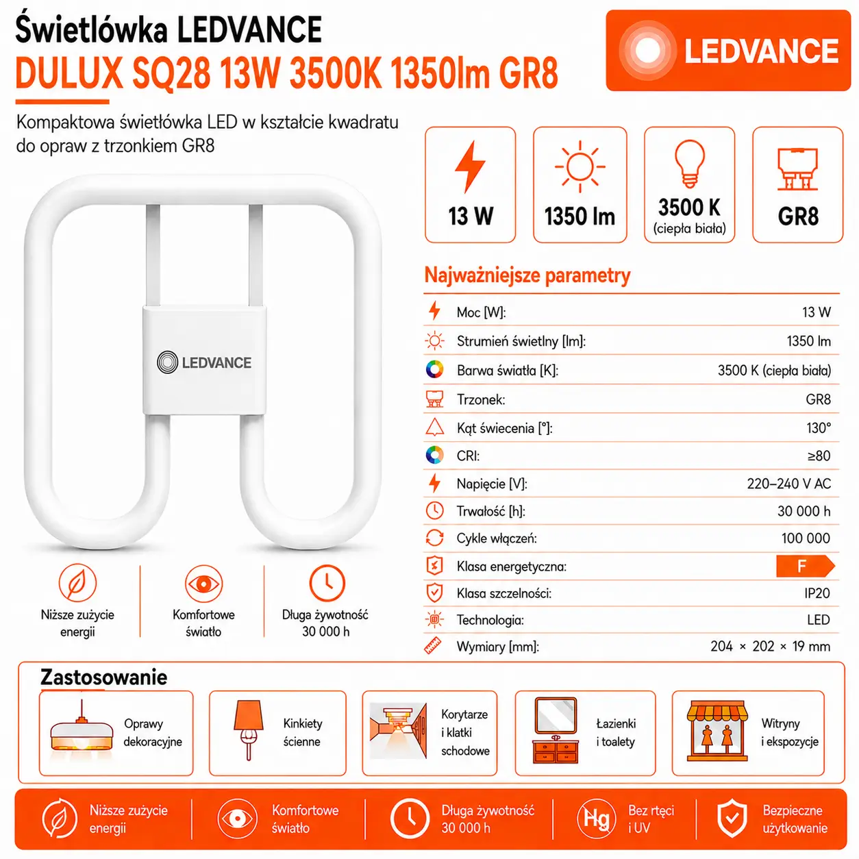 Świetlówka LED DULUX SQ28 13W=28W GR8 3500K 1350lm EM230V